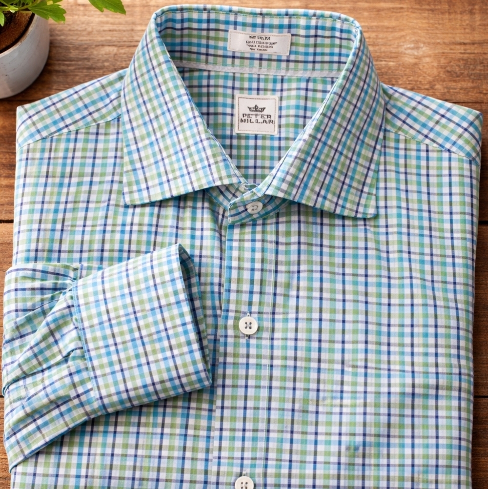 Peter Millar Button Up Shirt Green Blue Gingham Mens Size Medium Long Sleeve